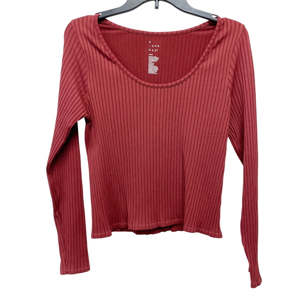 A New Day Women's Burgundy Ribbed Scoop Neck Long Sleeve Top Size Large